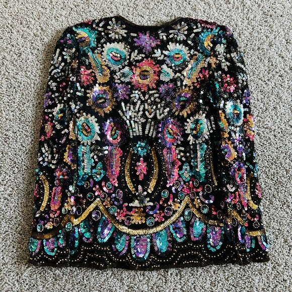 Vtg Lawrence Kazar New York Sequin Embellished Floral Colorful Sequin Jacket - Picture 14 of 16